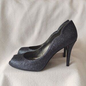 Stuart Weitzman Peep Toe Heels 9 M Blue Glitter Sparkle Fancy Pumps Scallop Edge